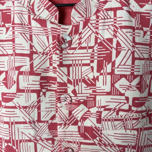 Fabindia Abstract Print Cotton Waistcoat Nehru Button Up Vest Salmon Pink Cream - Picture 12 of 12